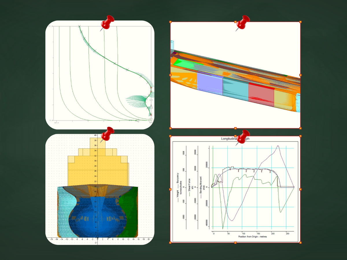 Τέσσερις εικόνες από το μάθημα Θέμα Μελέτης & Σχεδίασης Πλοίου, με φοιτητές Ναυπηγών ΕΜΠ να εργάζονται σε υπολογισμούς, σχεδίαση πλοίου, 3D μοντέλα γάστρας και τεχνικά σχέδια στο AutoCAD.