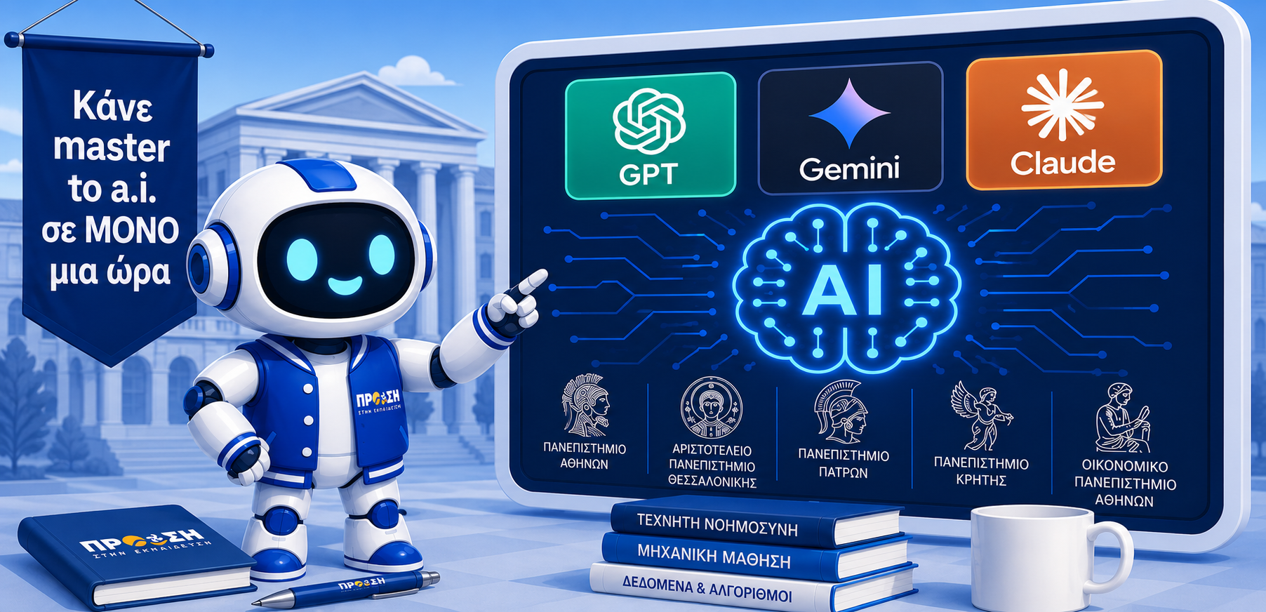 Το AI bot της Πρόωσης, ο Prosi, δείχνει σε έναν πίνακα που απεικονίζει το ChatGPT, το Claude και το Gemini, καθώς και διάφορα πανεπιστήμια όπως των Αθηνών, ΟΠΑ, Πατρών και άλλα. Στο background φαίνεται το Πολυτεχνείο ενώ υπάρχουν βιβλία και ένα banner που αναφέρει Κάνε master το AI σε μόνο μία ώρα.
